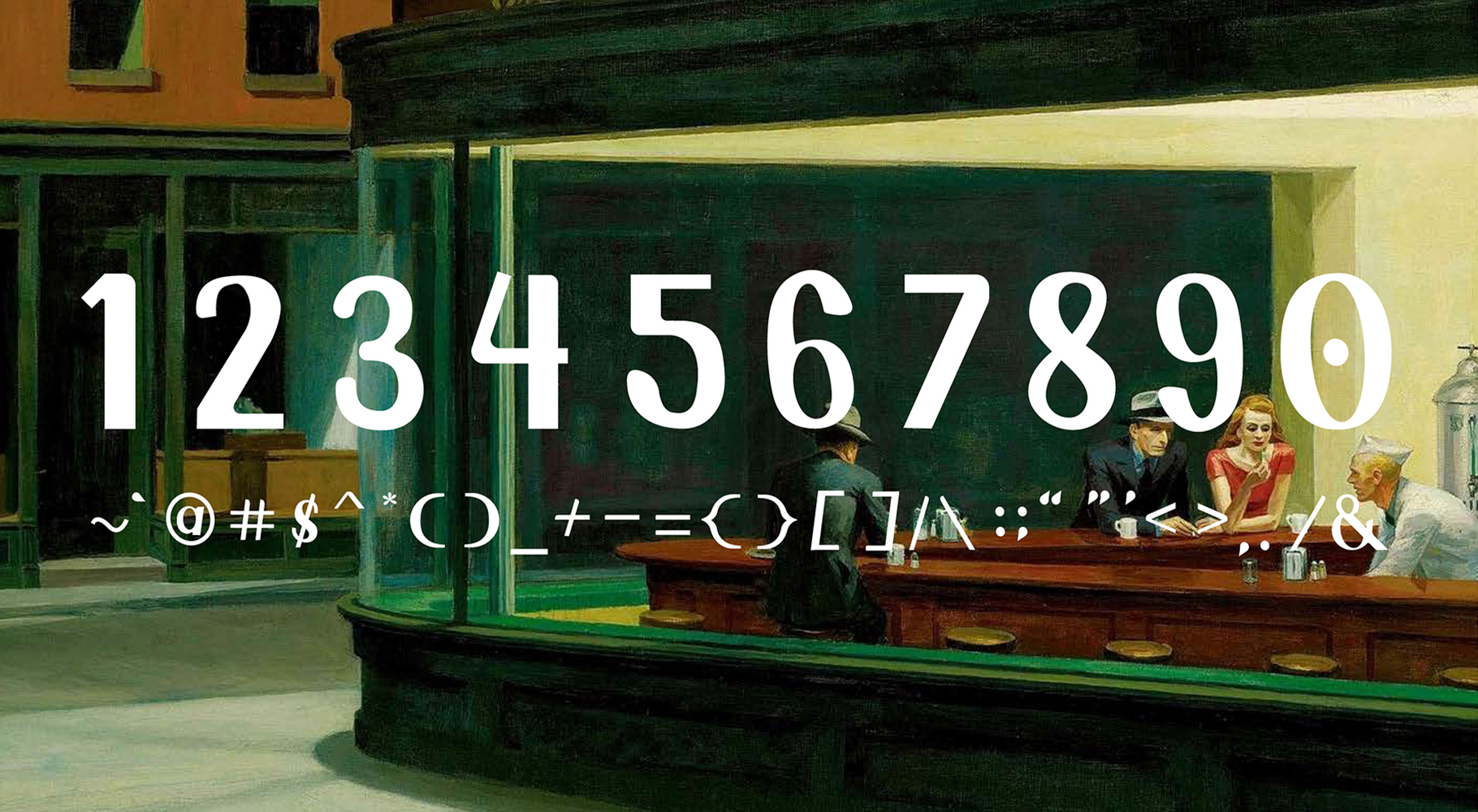 numbers and symbols in white, displayed on the painting Nighthawks by Edward Hopper