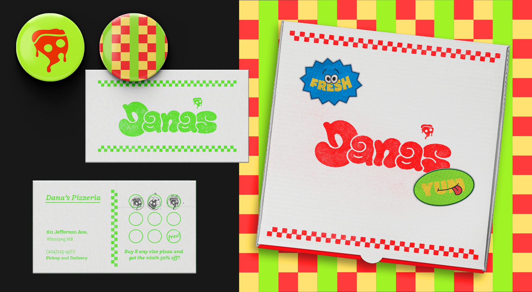 Loyality card, buttons, and pizza box for the brand 