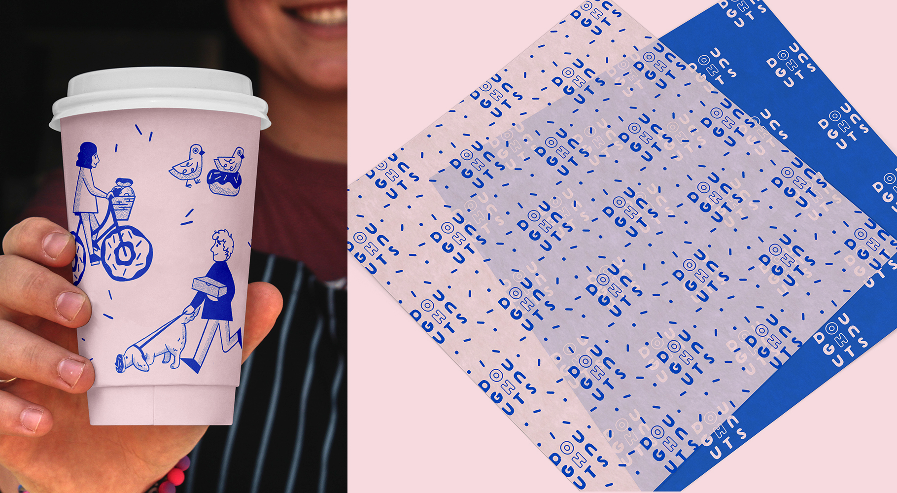 An image of a cup design for an Oh Doughnuts rebrand, featuring illustrations of a pigeon with a doughnut nest, a girl riding a doughnut bike and a man walking a dog who is sniffing a doughnut. Also featured to the right is an image of a wax paper design featuring a modular Oh Doughnuts logo and sprinkle pattern. Both elements are designed in blue and pink.