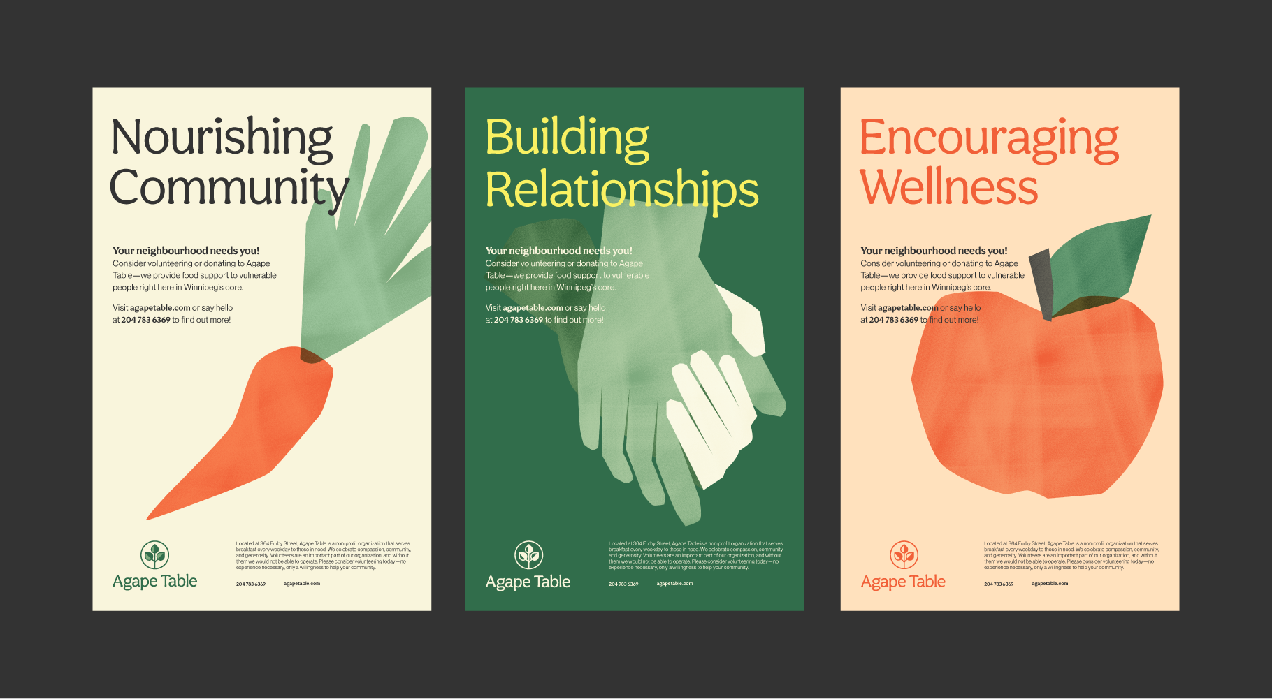 three posters using the agape table branding, featuring cut out illustrations