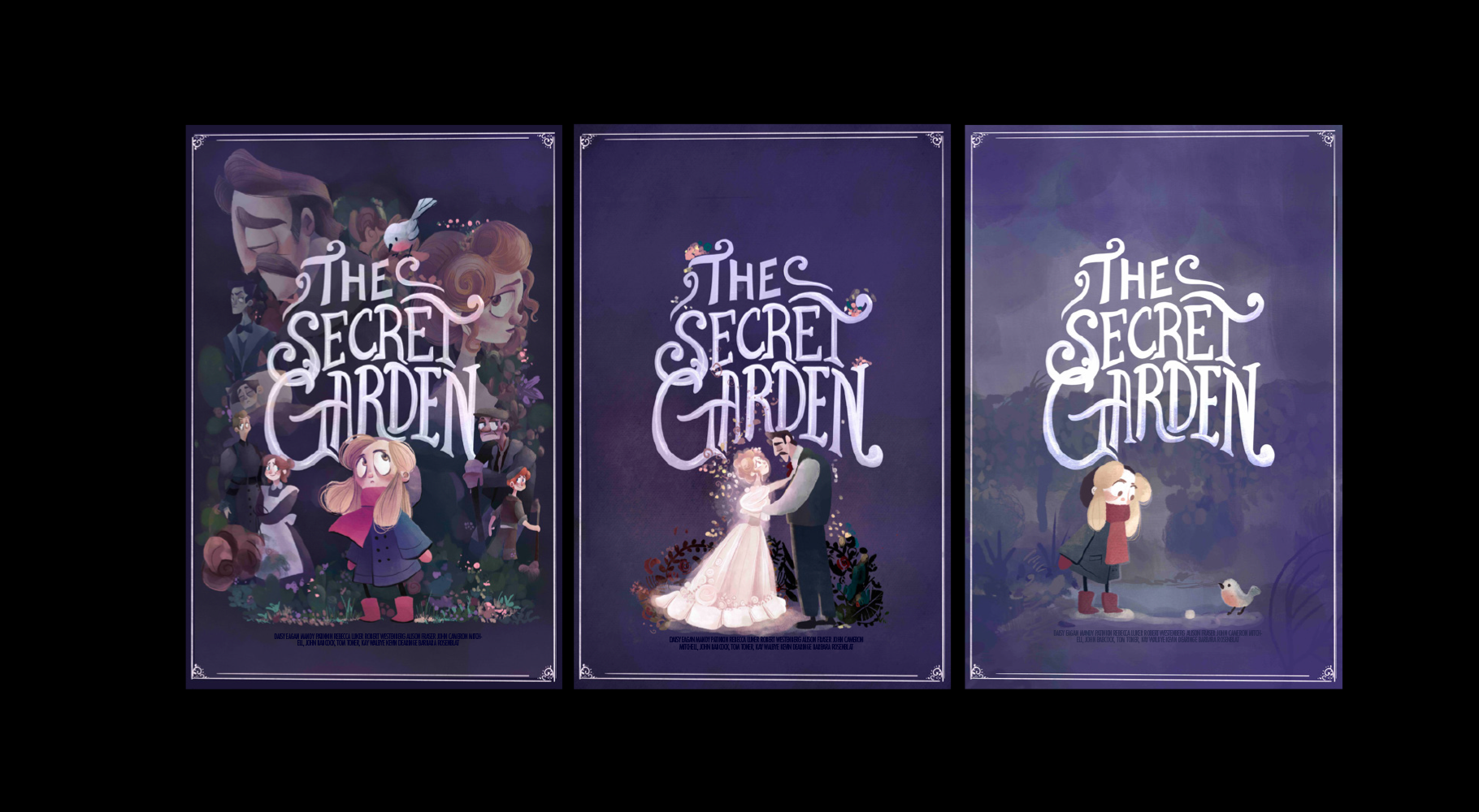 An image of three illustrated posters for an animated version of The Secret Garden.